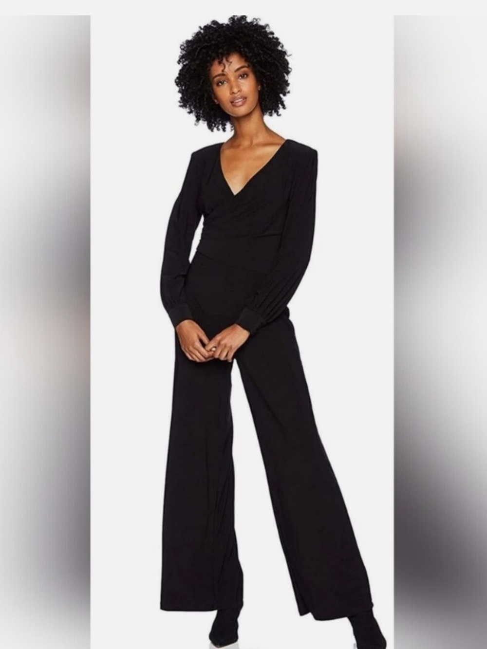 Adrianna Papell NWT Matte Jersey Faux Wrap Wide Leg Stretchy Jumpsuit Black 10